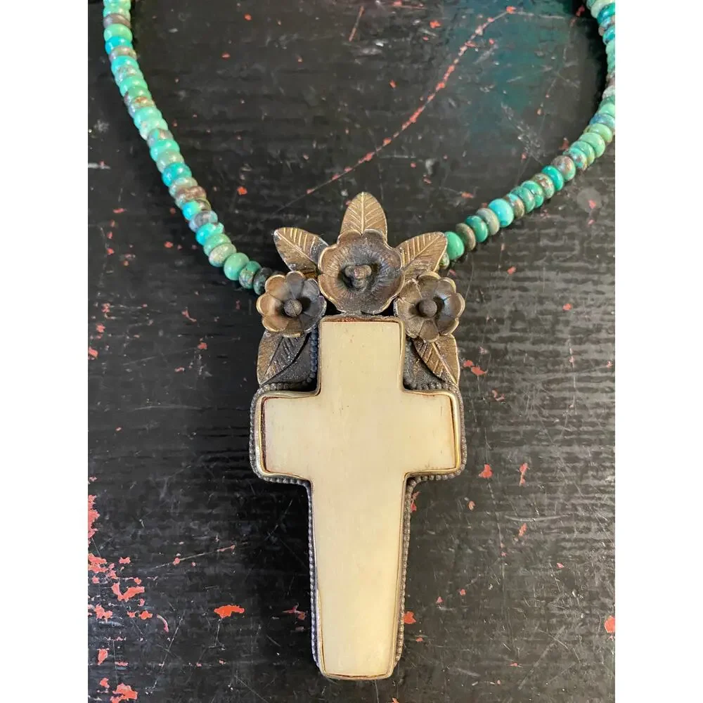 southwestern style silver floral and bone cross necklace, turquoise beads, boho